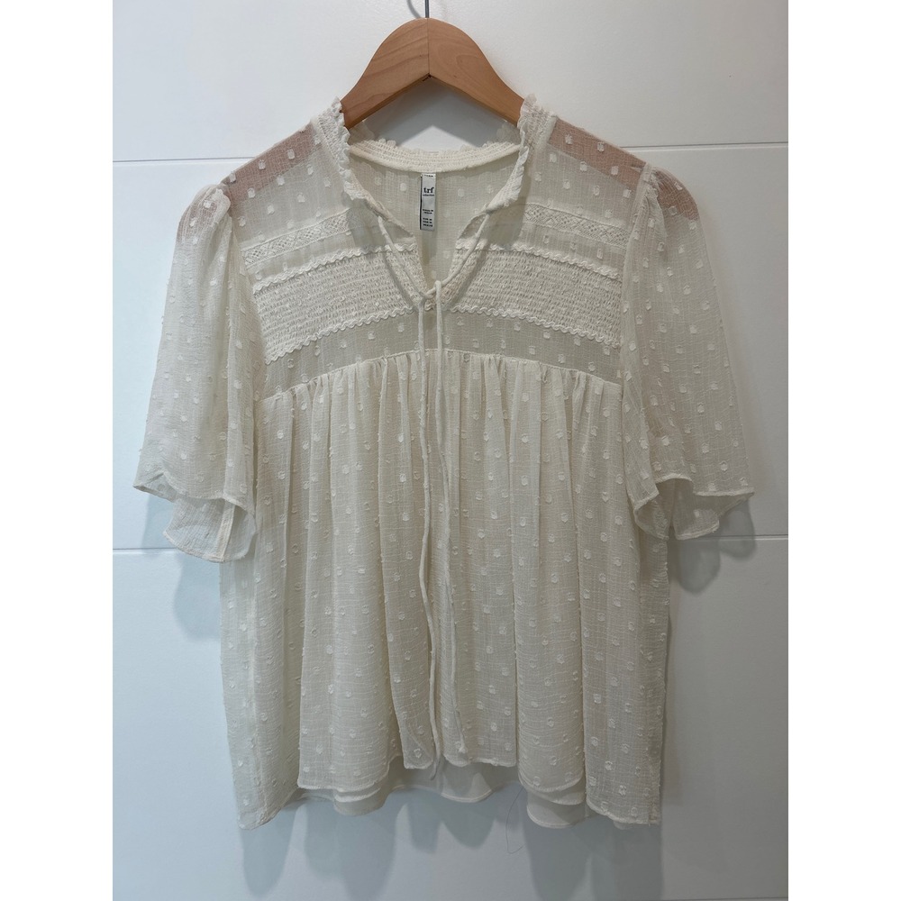 Zara TRF White Swiss Dot Lace Babydoll Blouse Short Flutter Sleeve Medium